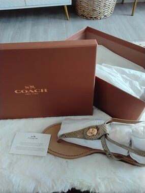 Coach Tan Leather Sandals with Logo Medallion